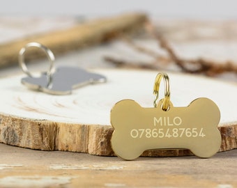 Quality Thick Engraved Steel Dog Bone Dog ID Tag, Personalised Gold or Silver Collar Tag, Size: 4.5cm wide