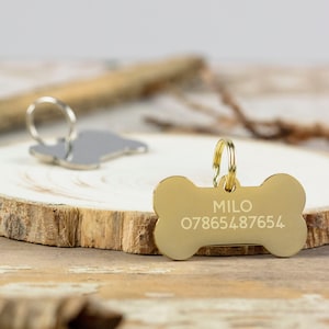 Quality Thick Engraved Steel Dog Bone Dog ID Tag | Personalised Gold or Silver Collar Tag, Size: 4.5cm wide | Gift For Dog
