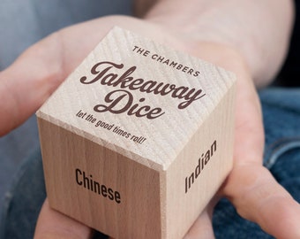 Fun Wooden Takeaway Food Decision Dice | Engraved Wooden Dice Perfect For Foodies | 4cm Square Solid Beach Wood | Stocking Filler