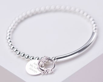 Stretch Perlen binden das Knoten Charm Armband | Geschenkbox | Personalisierter Anhänger | Sterling Silber 925 | Brautjungfer Geschenk | Braut Geschenk