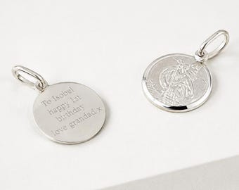 Sterling Silver St Christopher Pendant, Engraved Message, Travel Charm, 12mm, 20mm, 24mm