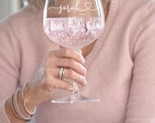 Heart Crystal Cut Gin Glass, Romantic Crystal Copa Glass, Engraved Balloon Glass