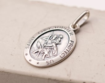 Oval Aged Sterling Silver St Christopher Pendant | Hallmarked 925 with Engraved Message | St Christopher | Travel Gift | Protection Gift