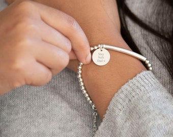 Personalised Sterling Silver 4mm Beaded Bracelet, Lobster Clasp and Extender Chain, Engraved Pendant with Gift Box