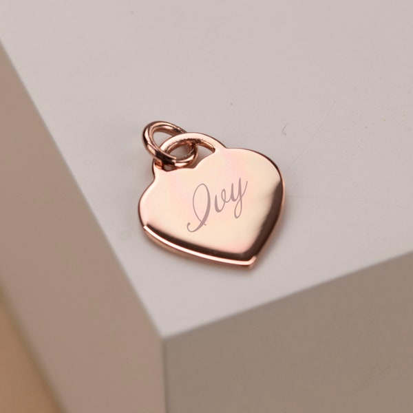 16mm x 12mm Polished Rose Gold Script Heart Pendant | Engraved Name | Includes thick Rose Gold Jump Ring | Plated Over Sterling Silver