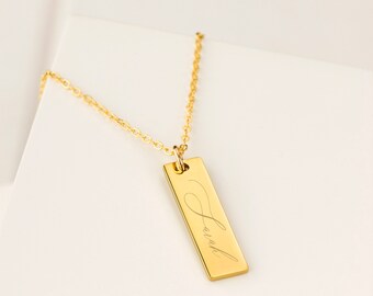 Script Name Gold Plated Bar Necklace, Engraved Pendant, Special Name, Birthday Gift, Mother's Day, 18 Inch, Gift Boxed