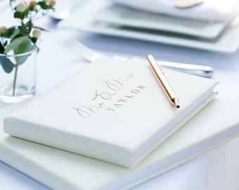 Genuine Italian Leather Mr & Mrs Guest Book, White or Ivory Surname Guest Book, Wedding guestbook, A5 or A4, White Gift Box (OHSO052)