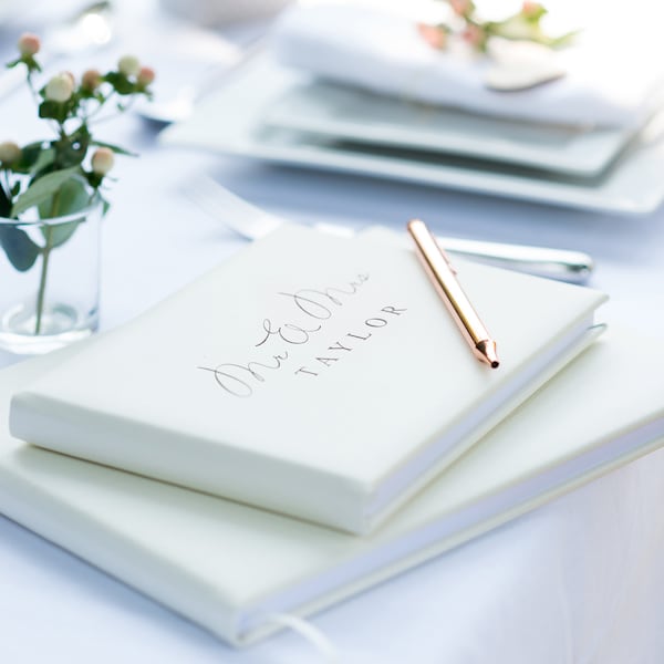 Genuine Italian Leather Mr & Mrs Guest Book, White or Ivory Surname Guest Book, Wedding guestbook, A5 or A4, White Gift Box (OHSO052)