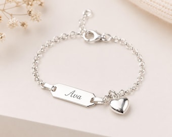 Engraved Sterling Silver Heart Baby Bracelet | Christening Gift, Adjustable 14cm