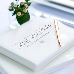 Modern Script Leather Guest Book, Italian Leather, Personalised White or Ivory Guestbook, Wedding guestbook, A5 or A4, White Gift Box