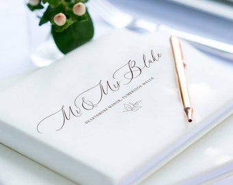 Modern Script Leather Guest Book, Italian Leather, Personalised White or Ivory Guestbook, Wedding guestbook, A5 or A4, White Gift Box