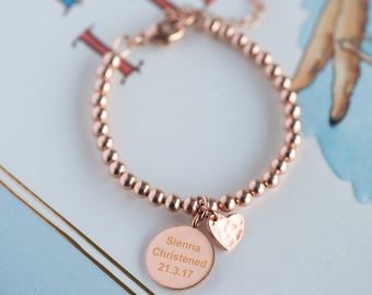 Rose Gold Lobster Clasp Christening Bracelet with Personalized Pendant & Charms, Personalized Baby Bracelet,  Baptism Bracelet