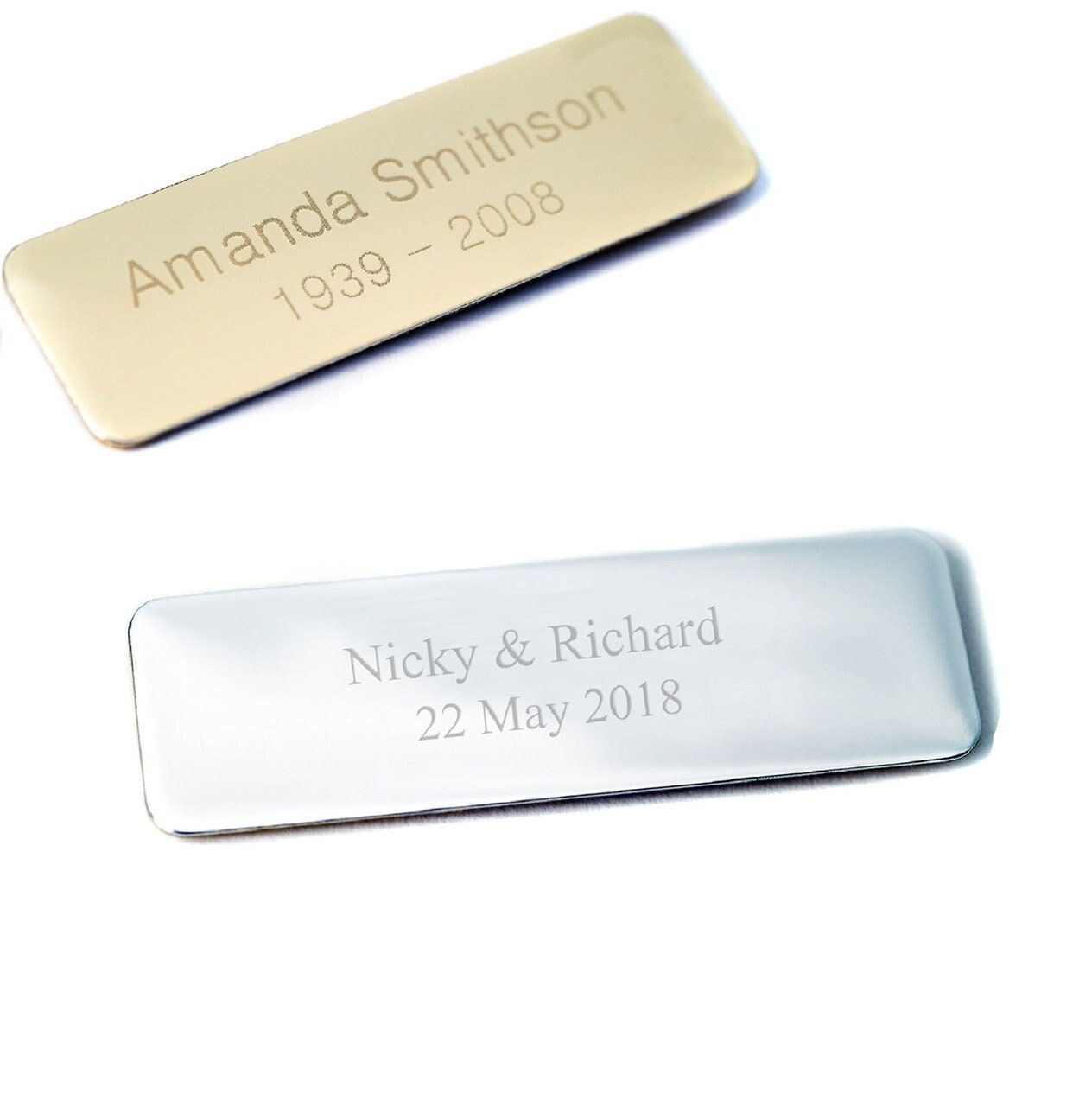 Placa de identificación personalizada grabada en aluminio en plata, oro, 60  mm x 23 mm, esquinas curvas, respaldo adhesivo