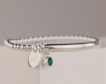 Sterling Silver Personalised Birthstone Initial Bracelet, Crystal Stretch Bracelet, Silver 925 Bracelet, Gift Boxed, Milestone Birthday