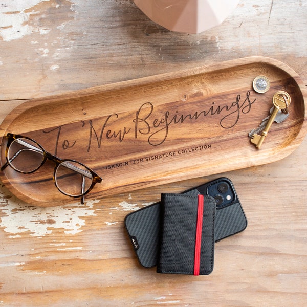 Personalised Wooden Concierge Tray | Engraved Coin Tray | Key Dish | Wooden Engraved Tray | 42cm | Father's Day Gift | Acacia Wood