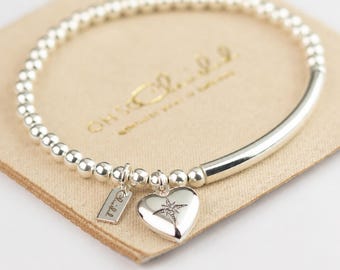 Starburst Heart Locket Bracelet in Sterling Silver 925 | Stretch Elastic | Hinged Gift Box