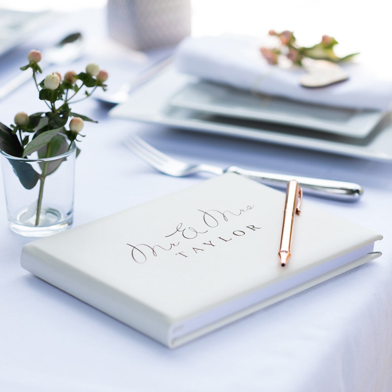 Genuine Italian Leather Mr & Mrs Guest Book, White or Ivory Surname Guest Book, Wedding guestbook, A5 or A4, White Gift Box OHSO052 image 2