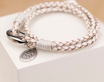 Weißes Leder Oval St Christopher Wickelarmband, sichere Reisen, echtes Leder, Sterling Silber, Reise sicher Geschenk, Abschlussgeschenk, 19cm