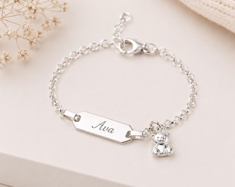 Engraved Sterling Silver Bear Teddy Baby Bracelet | Christening Gift, Adjustable 14cm