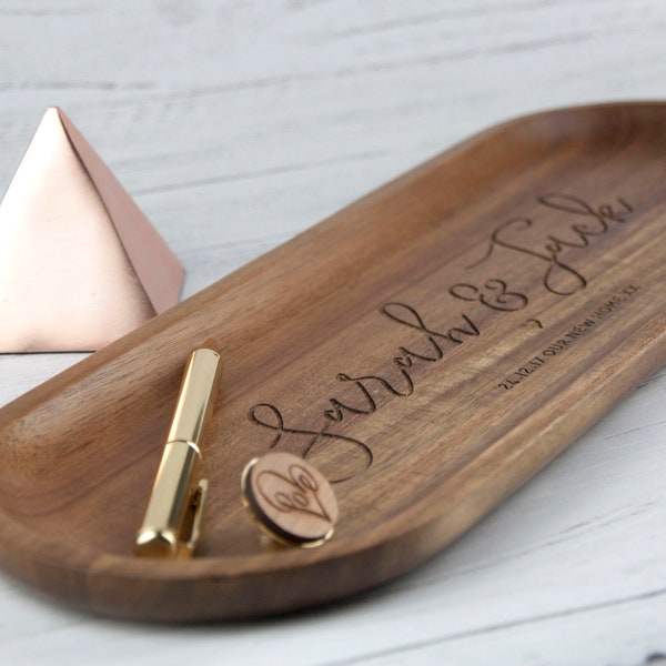 New Home Wooden Concierge Tray, Personalised Coin Tray, Key Dish, Dark Wood, Wooden Engraved Tray 42cm