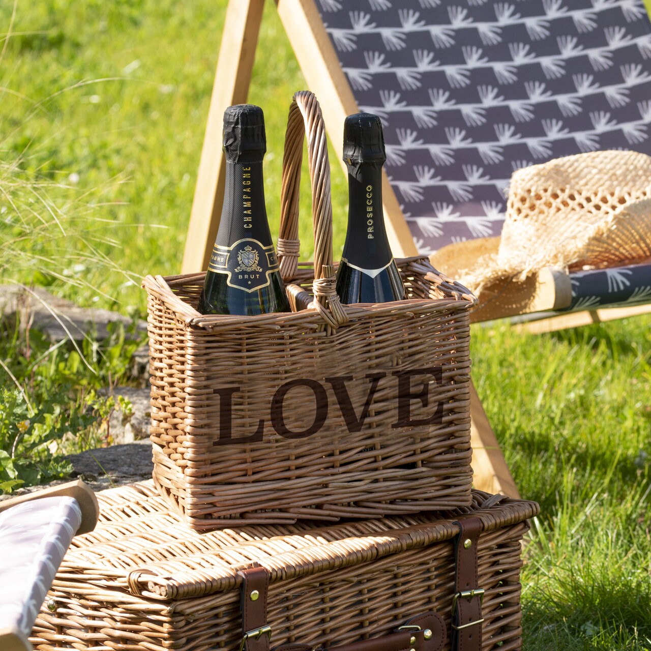 wicker picnic basket with wine holder