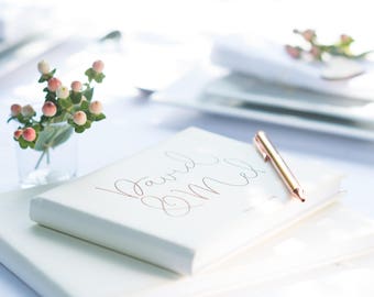 Personalized Leather Script Wedding Guest Book, Ivory, White Wedding Guest Book, Genuine Leather Book A4, A5 (OHSO063I)