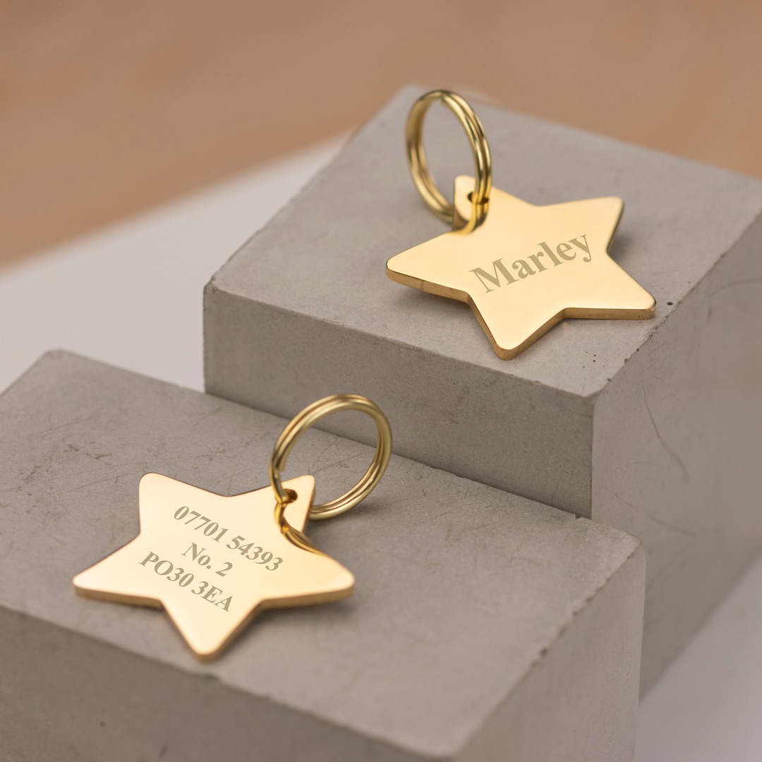 Quality Thick Engraved Star Dog ID Tag Personalised Gold Collar
