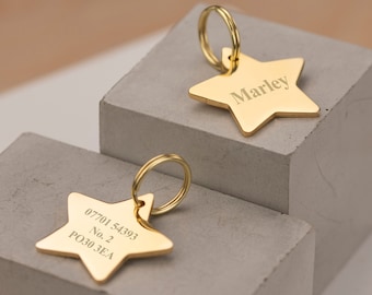 Quality Thick Engraved Star Dog ID Tag | Personalised Gold Collar Tag | Size: 30mm wide | Gift For Dog | Tarnish Free | 15mm Split Ring