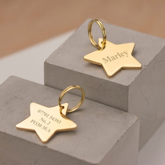 Quality Thick Engraved Star Dog ID Tag | Personalised Gold Collar Tag | Size: 30mm wide | Gift For Dog | Tarnish Free | 15mm Split Ring