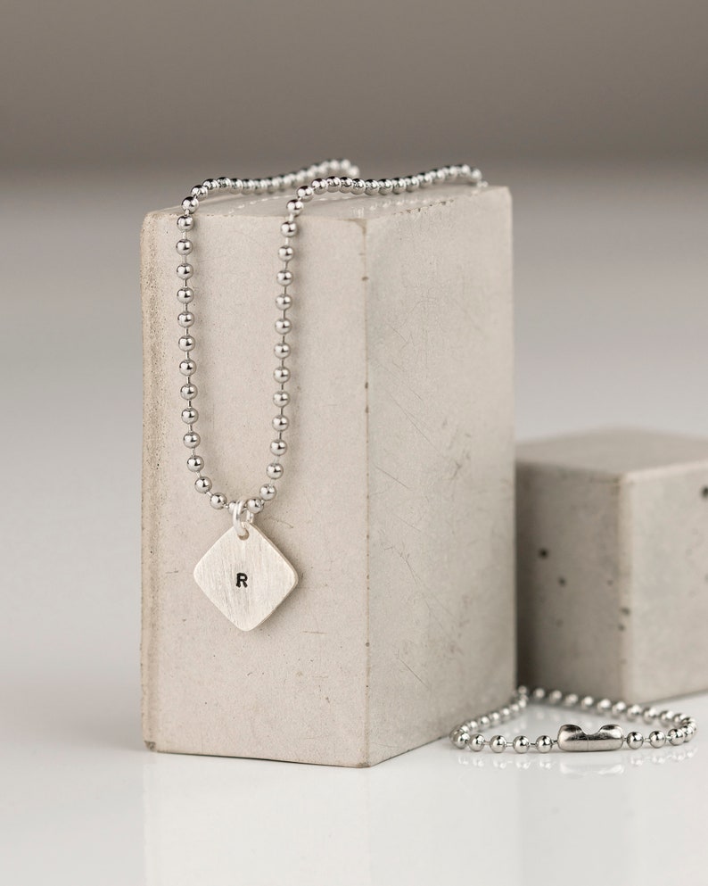 Hand Stamped Square Tag on Dog Tag Chain Sterling Silver Tag on Steel Army Inspired Steel Ball Chain Gift Boxed image 2