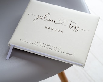 Genuine Italian Leather Names & Surname Heart Wedding Guest Book | Ivory | White | Personalized Wedding Guest Book | A4 | A5 | Gift Boxed