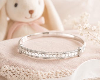 Heart Sterling Silver 925 Christening Bangle | Engraved Heart Pattern, Adjustable Baby Bracelet (Gift Box)