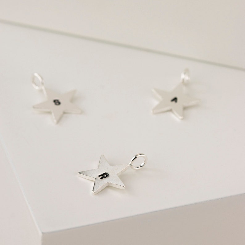 Sterling Silver Hammered Star Pendant Initial Hammered by hand 12mm with fixed ring Star Charm Initial Charm image 1