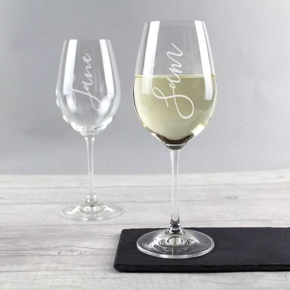 Personalized Etched Wine Glass with Designer Script Name, Glass or Crystal