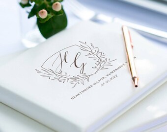 Leather Personalised Crest Wedding Guest Book | Ivory, White Personalised Wedding Guest Book | A4, A5 | Monogram Guestbook | Gift Boxed