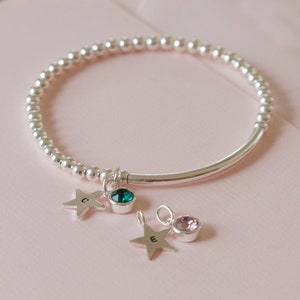 Sterling Silver Birthstone Star Charm Bracelet | Birthstone Crystal Stretch Bracelet |  Personalised | Gift Box | 17, 19 or 21cm