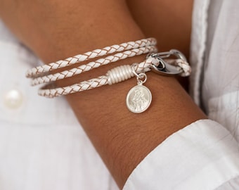 White Leather St Christopher Wrap Wristband | Safe Travels | Genuine Leather | Sterling Silver | Travel Safe Gift | Graduation Gift | 19cm