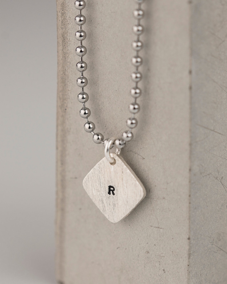 Hand Stamped Square Tag on Dog Tag Chain Sterling Silver Tag on Steel Army Inspired Steel Ball Chain Gift Boxed image 1