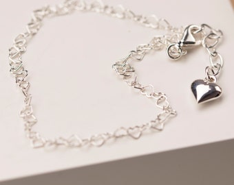 Pretty Sterling Silver Heart Anklet | Summer Wedding | Gift Boxed | 25cm |