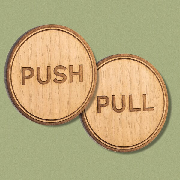 Wooden Push & Pull Door Sign Set | Doorway Signs | Airbnb | Hotel Doors | Office Doors | Engraved Walnut Wood Door Sign Set of 2 | 9cm