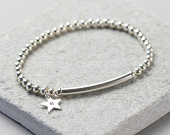 Hand Stamped Star Stretch Beaded Bracelet | Sterling Silver Star Bracelet | Hand made in the UK | 19cm | Gift Boxed