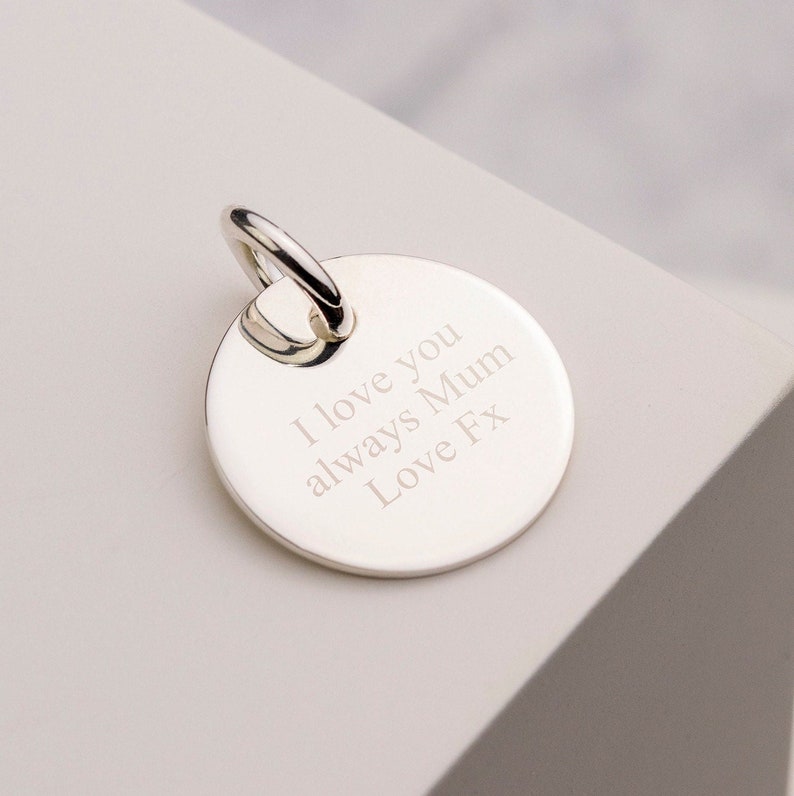 Thick 20mm Sterling Silver Personalised Engraved Pendant Special Message Initial or Numbers Engraved with Jump Ring Optional Chain image 1