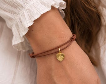 Gold St Christopher Leather Heart Bracelet | Genuine Sterling Silver Charm, Adjustable Cord