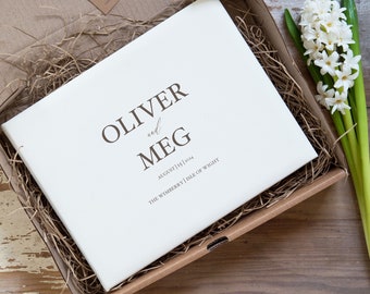 Layered Design Leather Guest Book | Italian Hide Leather | Personalised White, Ivory Guestbook | Wedding guestbook | A5, A4 | White Gift Box