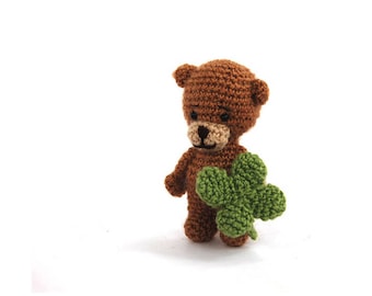 teddy bear, tiny bear holding a four leaved clover, luck doll, crocheted bear, little bear, good luck gift, artist bear, lucky gift, brown