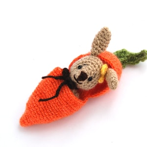 EASTER amigurumi BUNNY in a carrot purse, hide in bunny, add to Easter basket, traveling toy, crochet carrot, miniature rabbit