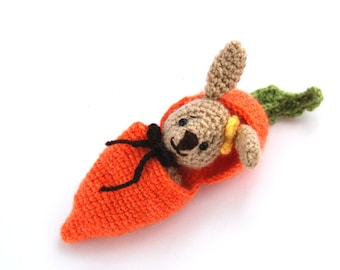 EASTER amigurumi BUNNY in a carrot purse, hide in bunny, add to Easter basket, traveling toy, crochet carrot, miniature rabbit