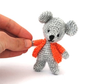 miniature mouse, stuffed mouse, tiny mouse, little mice animal doll, amigurumi mouse grey orange, crochet tiny mouse, dressed mouse doll