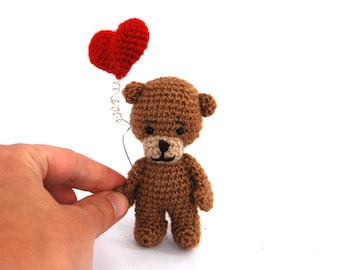 gift for Valentine's day tiny TEDDY BEAR with red heart, love bear, miniature bear, crocheted bear, amigurumi  bear, gift for girlfriend