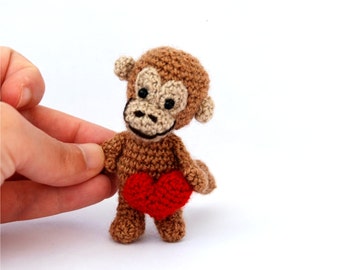 miniature monkey doll with red heart, tiny crocheted animal, mini monkey, kawaii collectible animal, love you gift